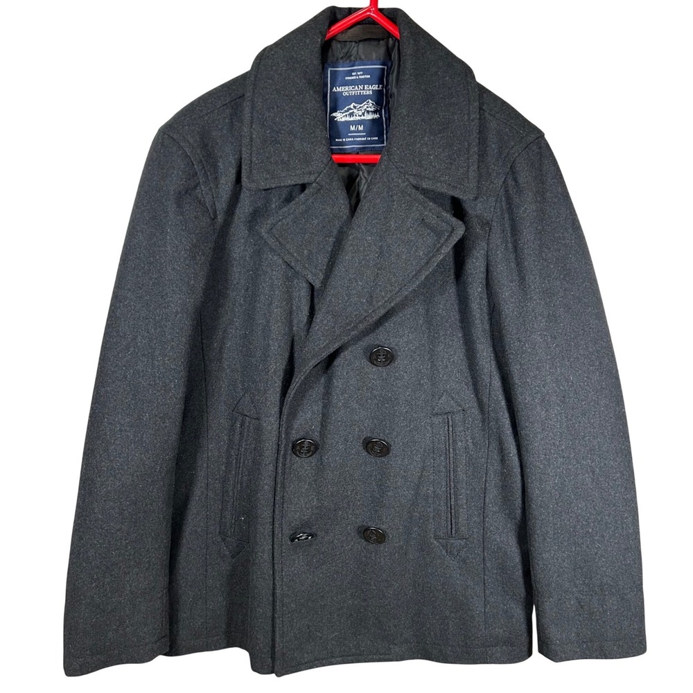 American Eagle Mens Gray‎ Wool Blend Quilted Lined Pea Coat Jacket Size M